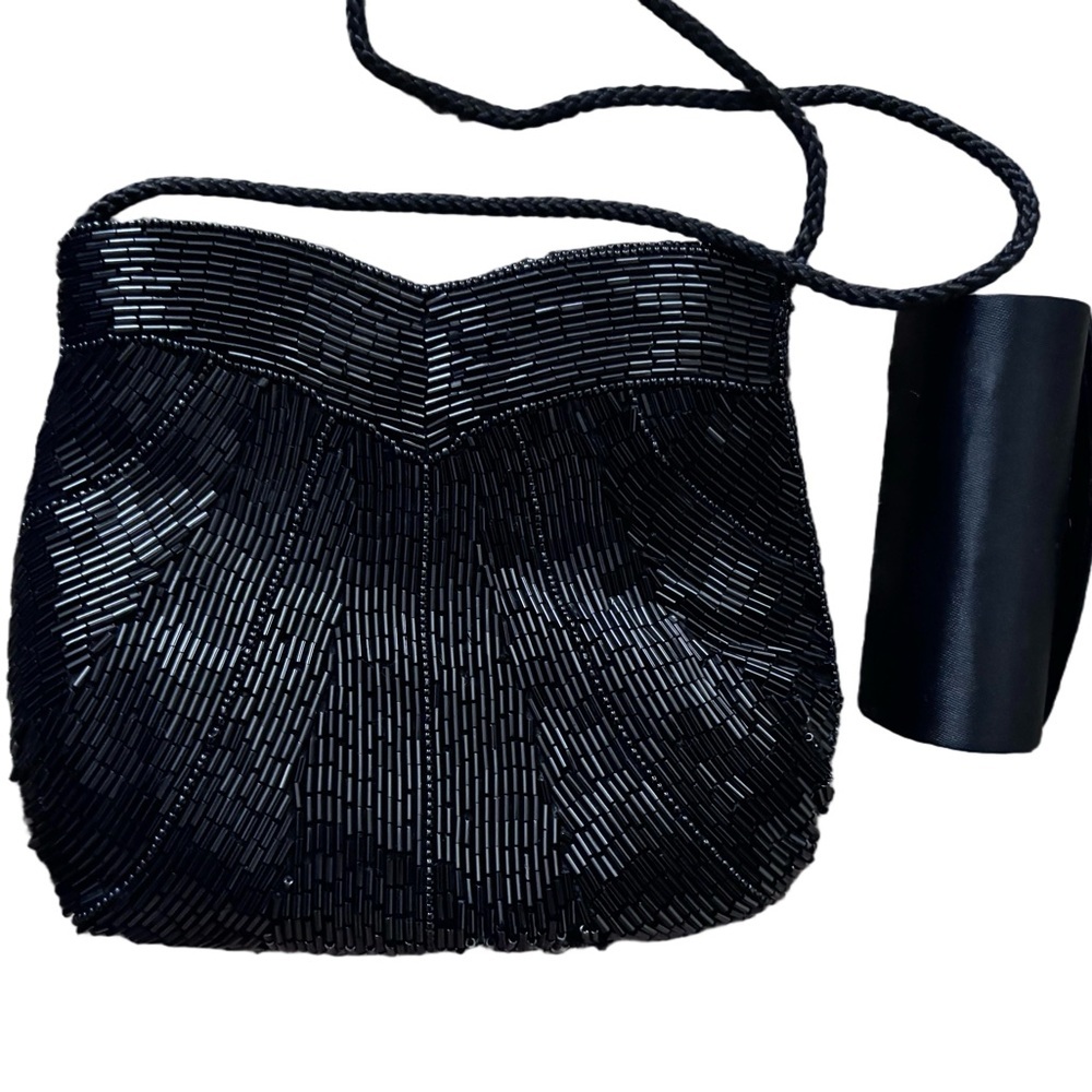 Vintage Art Deco Glam Beaded Evening Bag - Beaded Flapper- Black & Lipstick Case - Picture 4 of 7